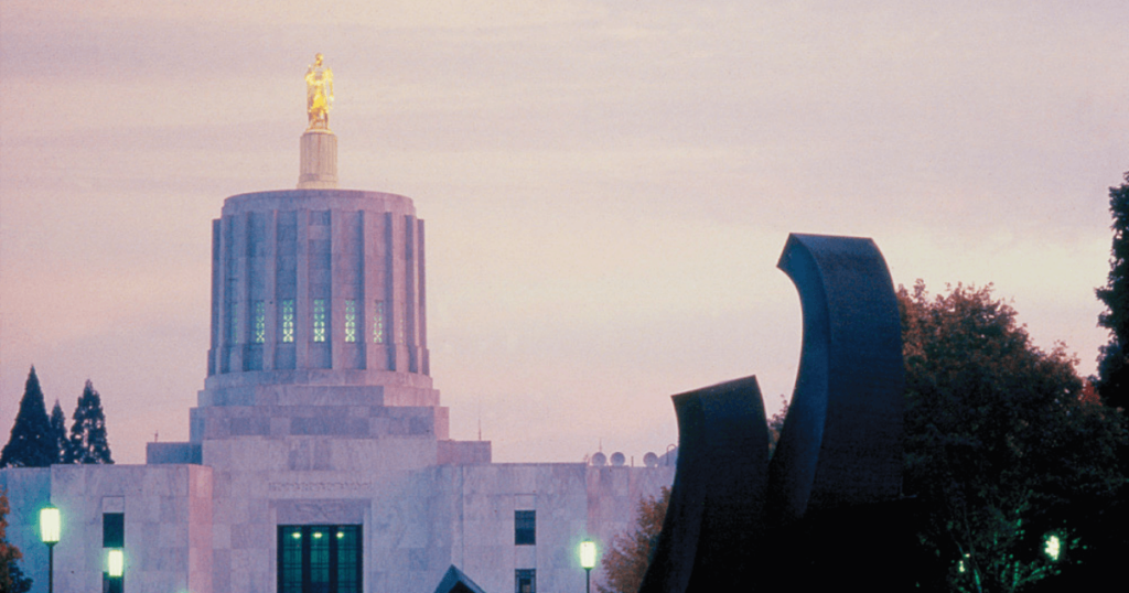 Oregon Capitol building at sunset.