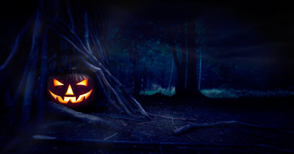 Spooky image of a glowing jack-o-lantern nestled in the hollow at the base of a dark and twisty tree.