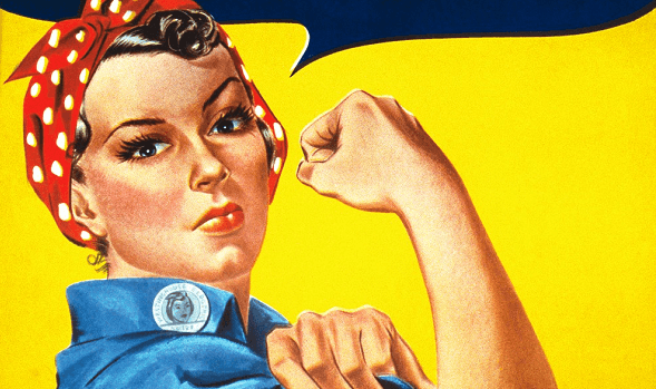 Iconic Rosie the Riveter drawing - a woman wearing a denim jumpsuit and red polka dot bandana in her hair flexing her arm.