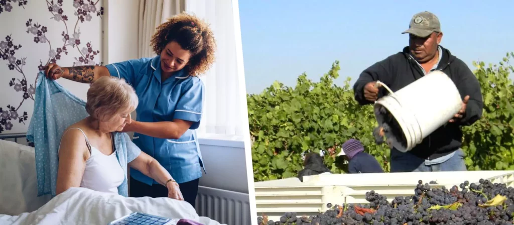 Images of a person caring for elderly woman and a farmworker harvesting grapes