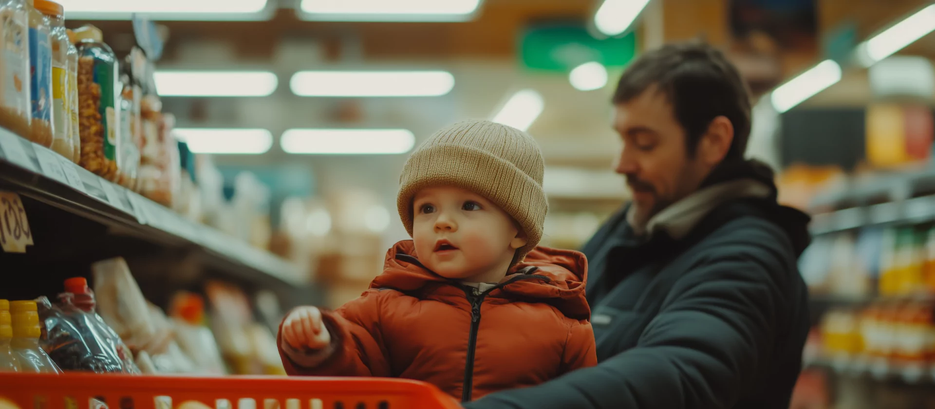 father and child at supermarket aisle